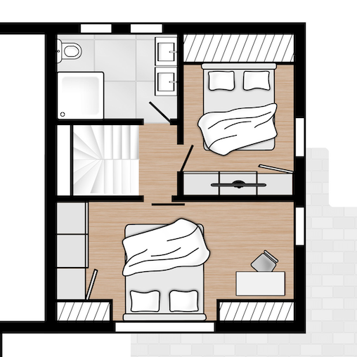 Grundriss Obergeschoss mit zwei Schlafzimmern, Bad und Wohnbereich.