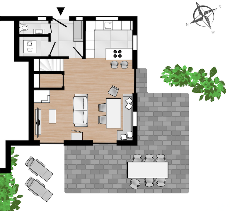 Grundriss eines modernen Wohnbereichs mit Küche, Wohnzimmer und Terrasse.